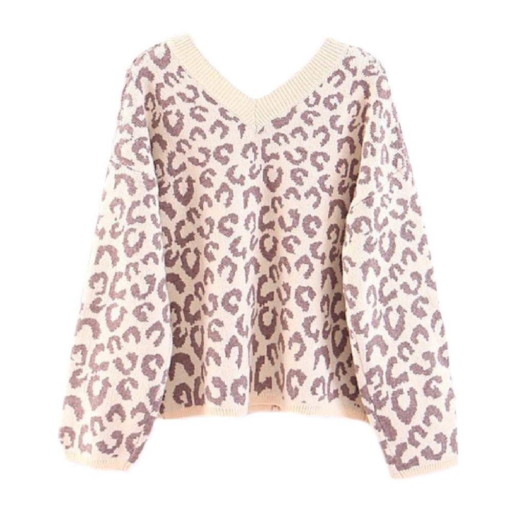 SOLD OUT CLEARANCE Beige V-Neck Leopard Print One Size Sweater - Picture 2 of 2